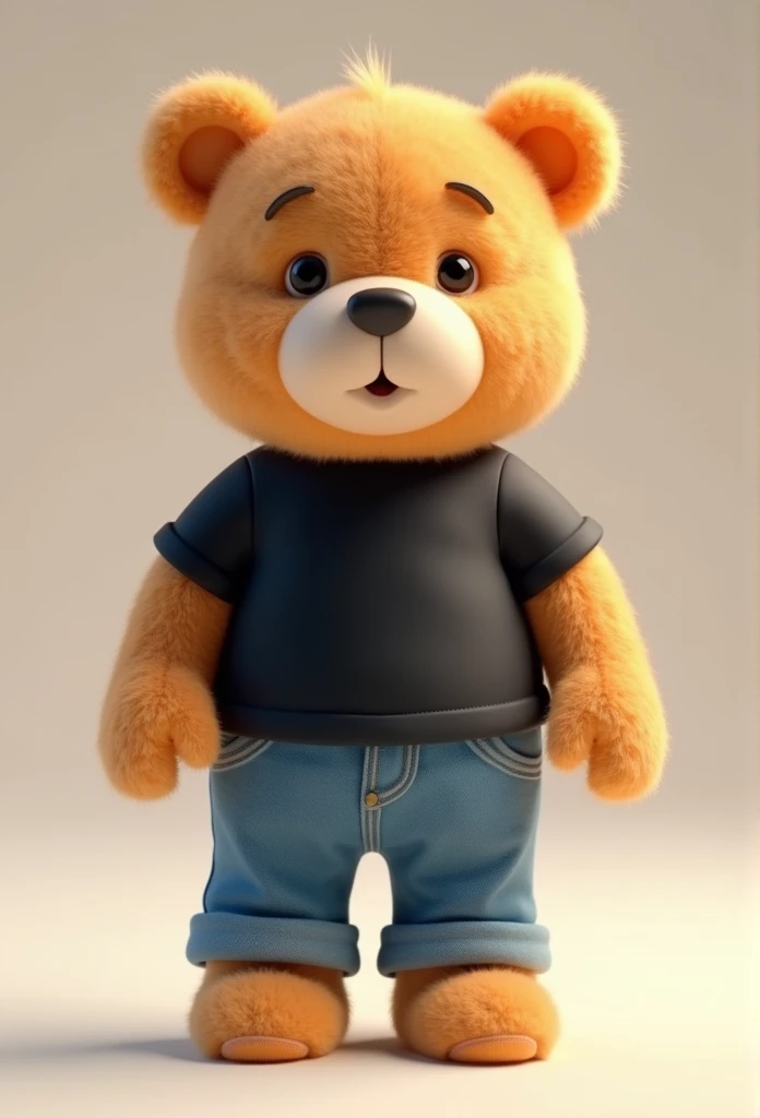 teddy bear cartoon 3d dressed in black shirt and jeans 4k