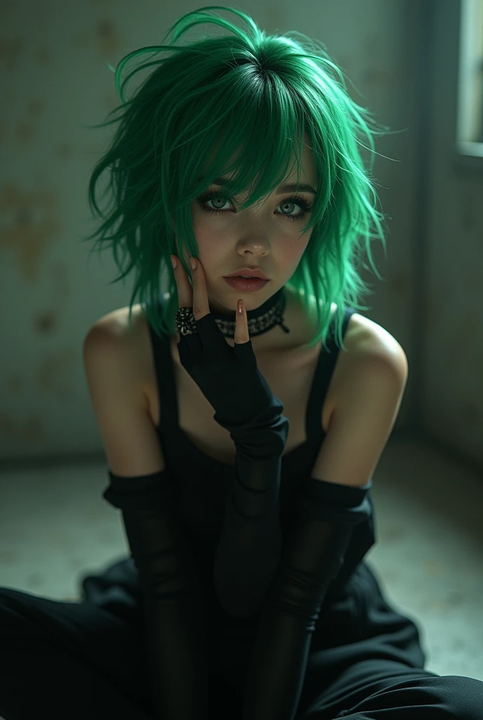 Green haired goth girl sitting with her legs crossed
