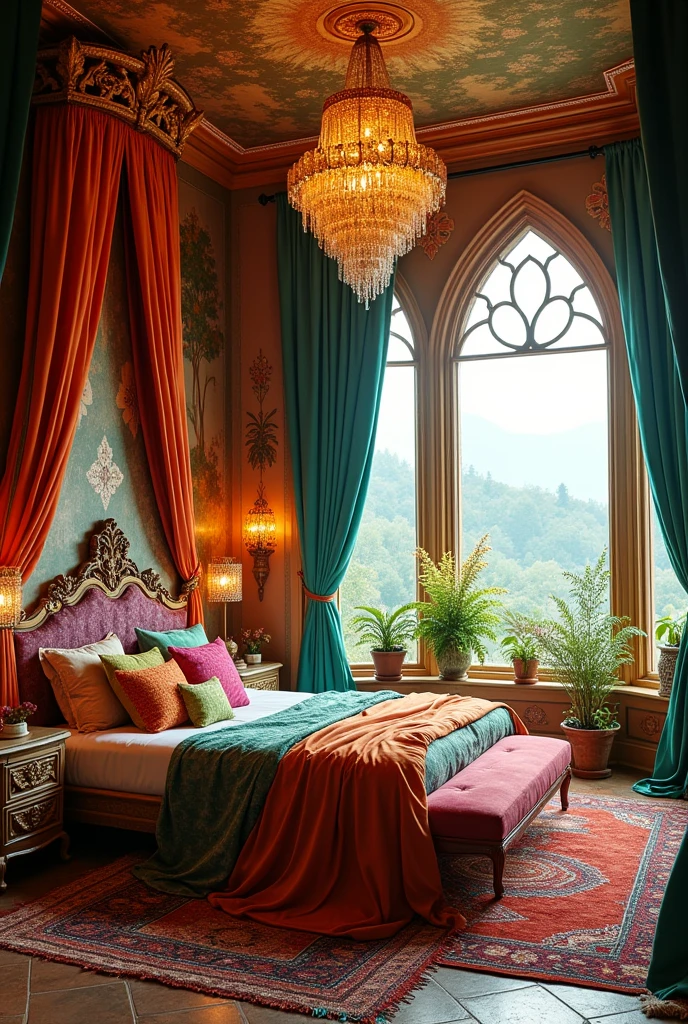 {cinematic scene, 4K ultra-realistic rendering with a luxurious, fairy-tale-inspired style} A stunning, fairy-tale-inspired bedroom that blends hippy chic with luxurious, fashionable elements. The room features a grand, canopied bed draped with sheer, flowing fabrics in bright, jewel-toned colors—emerald green, sapphire blue, and ruby red. The bed is adorned with a mix of velvet and silk cushions, each in vibrant, eye-catching patterns, creating a sumptuous, inviting space.
The walls are painted in a soft, golden hue, with intricate, hand-painted murals of enchanted forests and mythical creatures that add a magical touch. Unique, custom-designed furniture pieces, such as a carved wooden wardrobe with inlaid mother-of-pearl details and a whimsical, vine-covered vanity table, bring the fairy-tale theme to life. The ceiling is adorned with a large, glowing chandelier made of intertwined vines and crystal leaves, casting a warm, enchanting light throughout the room.
The floor is covered with plush, handwoven rugs in bright, bold colors, with intricate patterns that evoke the richness of ancient fairy tales. Scattered across the room are unique, hand-crafted plant holders—some shaped like enchanted animals, others like delicate, flowering trees—each holding lush, vibrant greenery that adds to the room's magical ambiance.
Large, arched windows are draped with luxurious, patterned curtains that glow softly in the light. The windows offer a breathtaking view of a fantastical, otherworldly landscape, with rolling hills and a shimmering, golden forest in the distance. The room is filled with charming, whimsical details, such as a crystal-encrusted mirror with a frame shaped like entwined vines, and a series of glowing orbs suspended from the ceiling that gently pulse with light, creating a dreamy, cozy atmosphere.
The entire space feels like a luxurious, enchanted retreat—a place where hippy chic meets fairy-tale fantasy, with every detail crafted to create a sense of magic