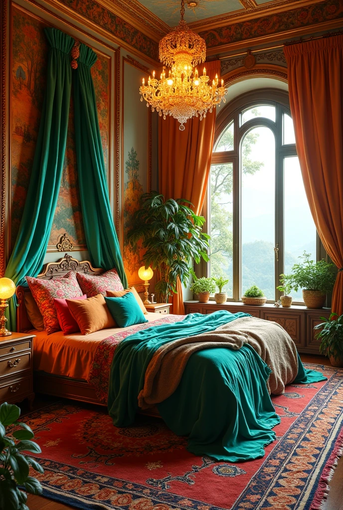 {cinematic scene, 4K ultra-realistic rendering with a luxurious, fairy-tale-inspired style} A stunning, fairy-tale-inspired bedroom that blends hippy chic with luxurious, fashionable elements. The room features a grand, canopied bed draped with sheer, flowing fabrics in bright, jewel-toned colors—emerald green, sapphire blue, and ruby red. The bed is adorned with a mix of velvet and silk cushions, each in vibrant, eye-catching patterns, creating a sumptuous, inviting space.

The walls are painted in a soft, golden hue, with intricate, hand-painted murals of enchanted forests and mythical creatures that add a magical touch. Unique, custom-designed furniture pieces, such as a carved wooden wardrobe with inlaid mother-of-pearl details and a whimsical, vine-covered vanity table, bring the fairy-tale theme to life. The ceiling is adorned with a large, glowing chandelier made of intertwined vines and crystal leaves, casting a warm, enchanting light throughout the room.

The floor is covered with plush, handwoven rugs in bright, bold colors, with intricate patterns that evoke the richness of ancient fairy tales. Scattered across the room are unique, hand-crafted plant holders—some shaped like enchanted animals, others like delicate, flowering trees—each holding lush, vibrant greenery that adds to the room's magical ambiance.
Large, arched windows are draped with luxurious, patterned curtains that glow softly in the light. The windows offer a breathtaking view of a fantastical, otherworldly landscape, with rolling hills and a shimmering, golden forest in the distance. The room is filled with charming, whimsical details, such as a crystal-encrusted mirror with a frame shaped like entwined vines, and a series of glowing orbs suspended from the ceiling that gently pulse with light, creating a dreamy, cozy atmosphere.
The entire space feels like a luxurious, enchanted retreat—a place where hippy chic meets fairy-tale fantasy, with every detail crafted to create a sense of magic