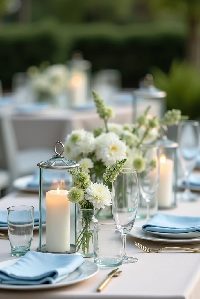 Table decoration for a wedding in May in light blue/White/ beige, modern with simple cylindrical glass lanterns with candles - individual flowers in vases - there are always 2-3 lanterns in different sizes together - the flowers are not in large bouquets but a maximum of 3 in each vase.
- The tables are for 12 people.
-Mit einem hellbeigen Tischtuch und Whiteen Blumen, light blue linen napkins.
- The tables are 80cm wide.
- Set the table with dishes and glasses.