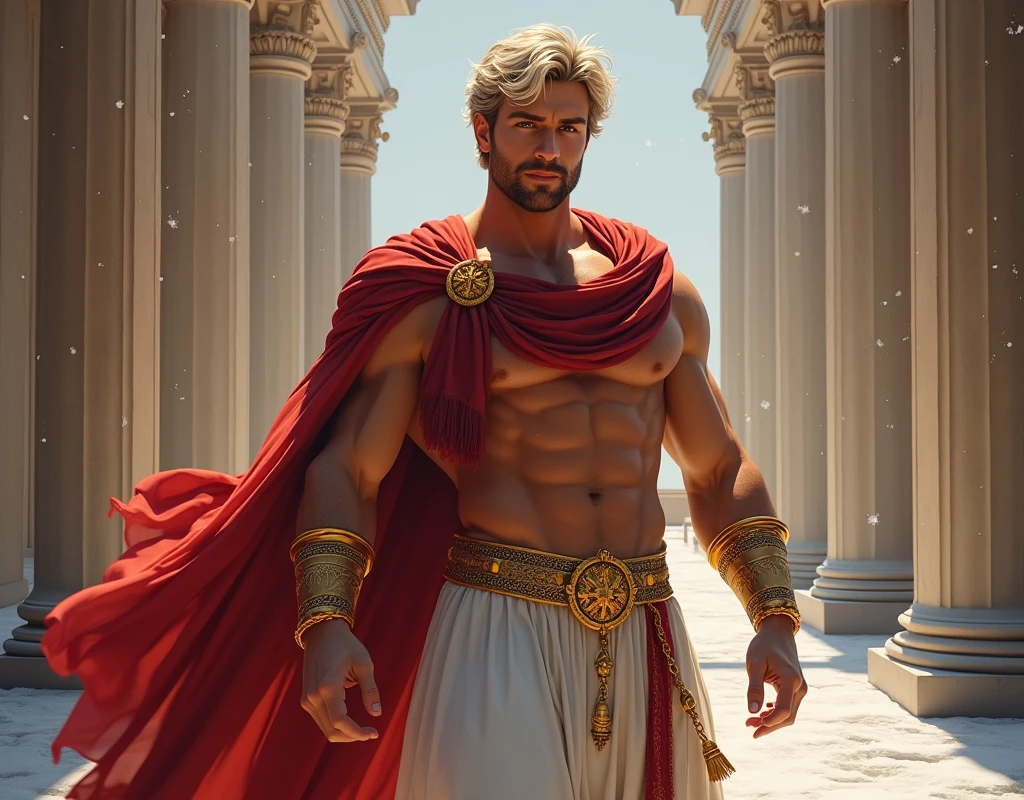 ((artwork)) ((body completo)) ((30 year old man)) body: brownish skin, high, muscular, ((body hair)) ((platinum ruby hair)) male face, barba, beautiful eyes, detailed eyes ((Gold colored eyes)). Expression: Seductive, sonrisa Seductive. CLOTHES: Red Greek Cape, TOGA BLANCA, Gold ornaments, greek prince ornaments. pose: dynamic. scene: greek temple, Greek columns. Decor: winter, decoración de winter brillante, Wonderful lighting. 