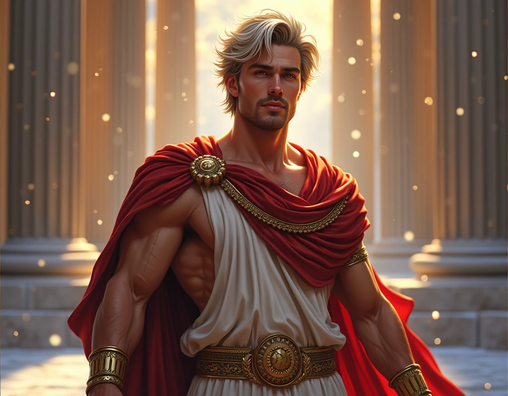 ((artwork)) ((body completo)) ((30 year old man)) body: brownish skin, high, muscular, ((body hair)) ((platinum ruby hair)) male face, barba, beautiful eyes, detailed eyes ((Gold colored eyes)). Expression: Seductive, sonrisa Seductive. CLOTHES: Red Greek Cape, TOGA BLANCA, Gold ornaments, greek prince ornaments. pose: dynamic. scene: greek temple, Greek columns. Decor: winter, decoración de winter brillante, Wonderful lighting.