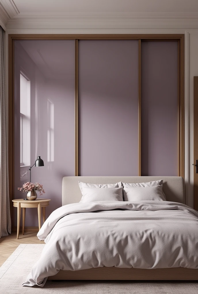 The modern double bed is seen just to the left, as soon as you cross the beautiful door of the spacious room, whose door frame is decorated in wood. The bed is complemented by a headboard covered in slats up to the ceiling., bringing a touch of classic elegance.
The presence of the small Provençal bedside table to the right of the bed, adds a traditional charm to the space.
The closet to the left of the bed, right in the background, covers the entire wall, being enclosed from ceiling to floor with clear glass in lavender tones, maximizing storage space, as well as adding a touch of soft, sophisticated color, maintaining the continuity of the neutral and elegant design.
The closet's sliding door is made of lavender-toned glass., offering practicality and elegance to the environment.