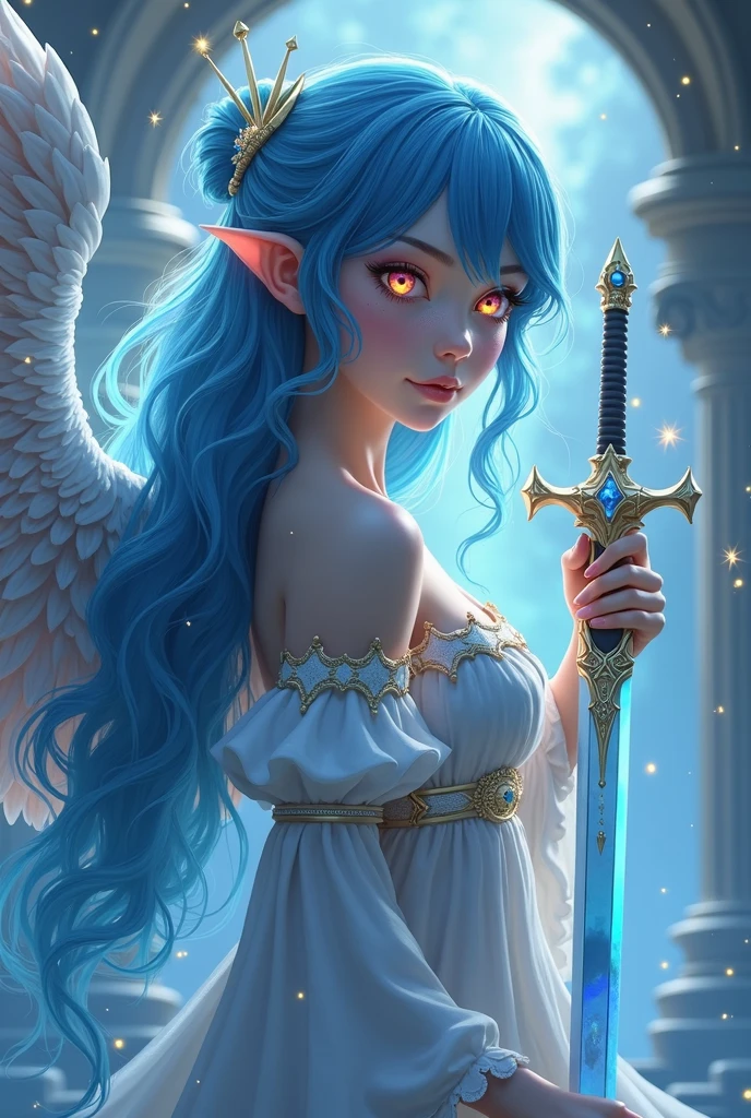 Girl with long blue hair ,eye color ,with wings and a sword