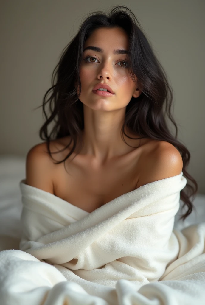 Create a woman sitting on a bed, wrapped in a white blanket, a very beautiful Mexican woman, 3, very surprised