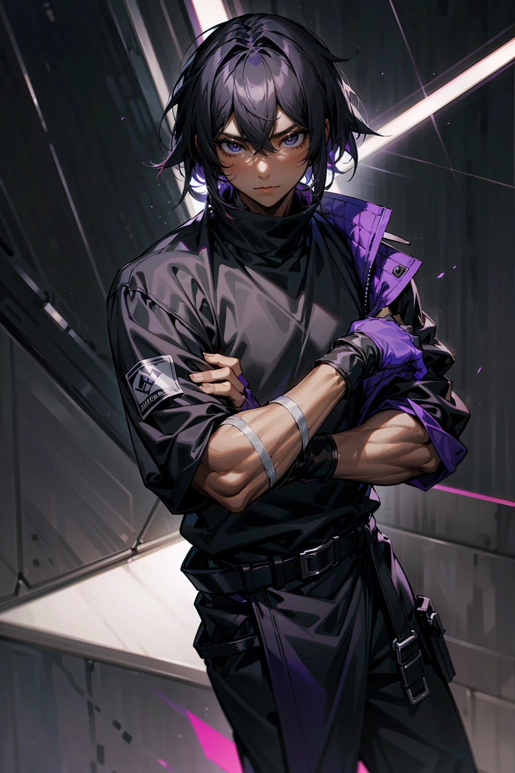 1male, Adult male, black eyes, black hair, medium length hair, darkskin, black bandages on arms, purple gloves, black and purple yukata, grey sweatshirt, Serious