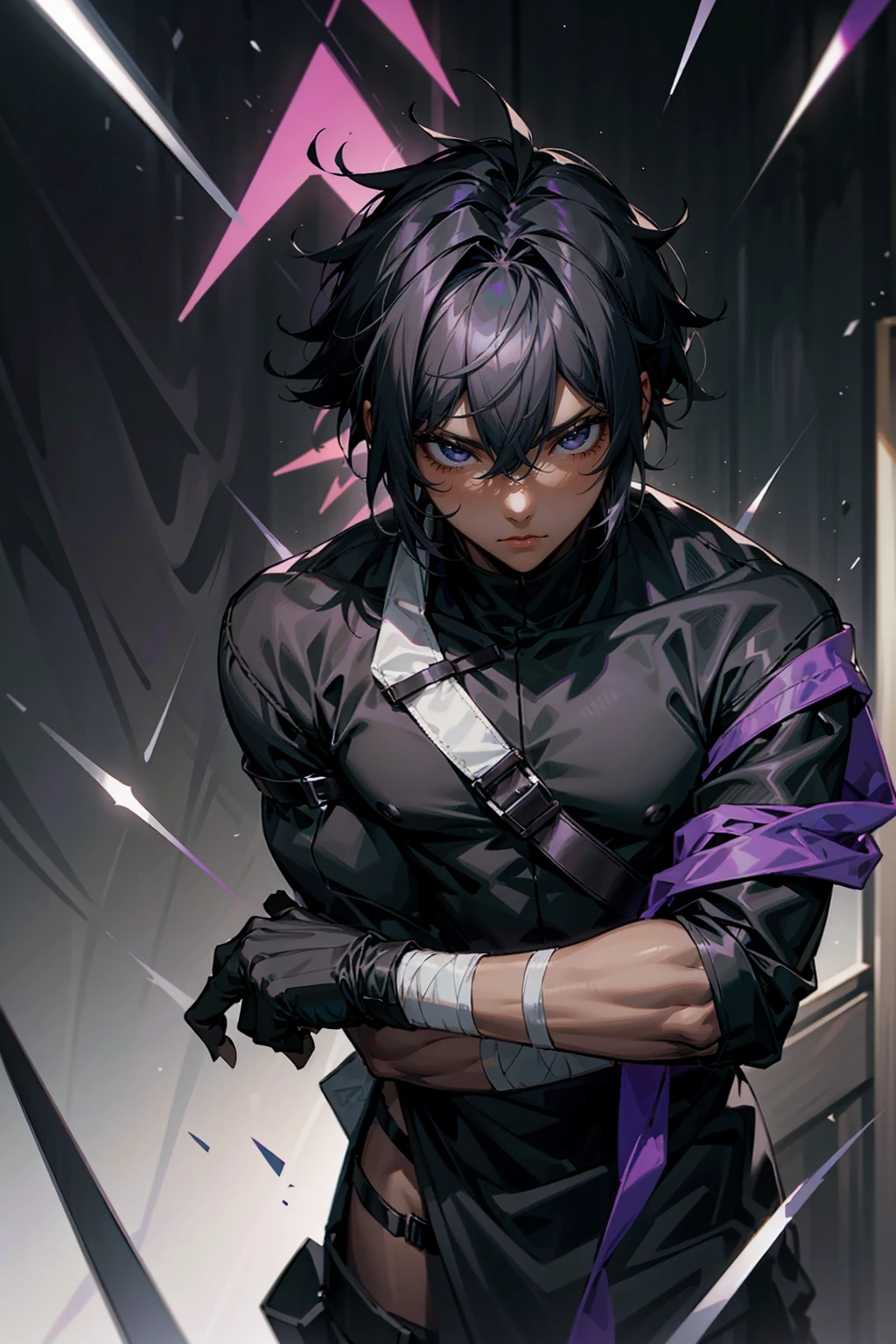 1male, Adult male, black eyes, black hair, medium length hair, darkskin, black bandages on arms, purple gloves, black and purple yukata, grey sweatshirt, Serious