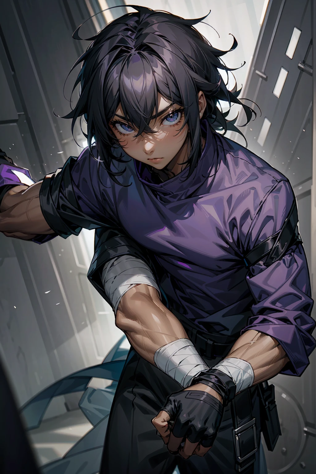 1male, Adult male, black eyes, black hair, medium length hair, darkskin, black bandages on arms, purple gloves, black and purple yukata, grey sweatshirt, Serious