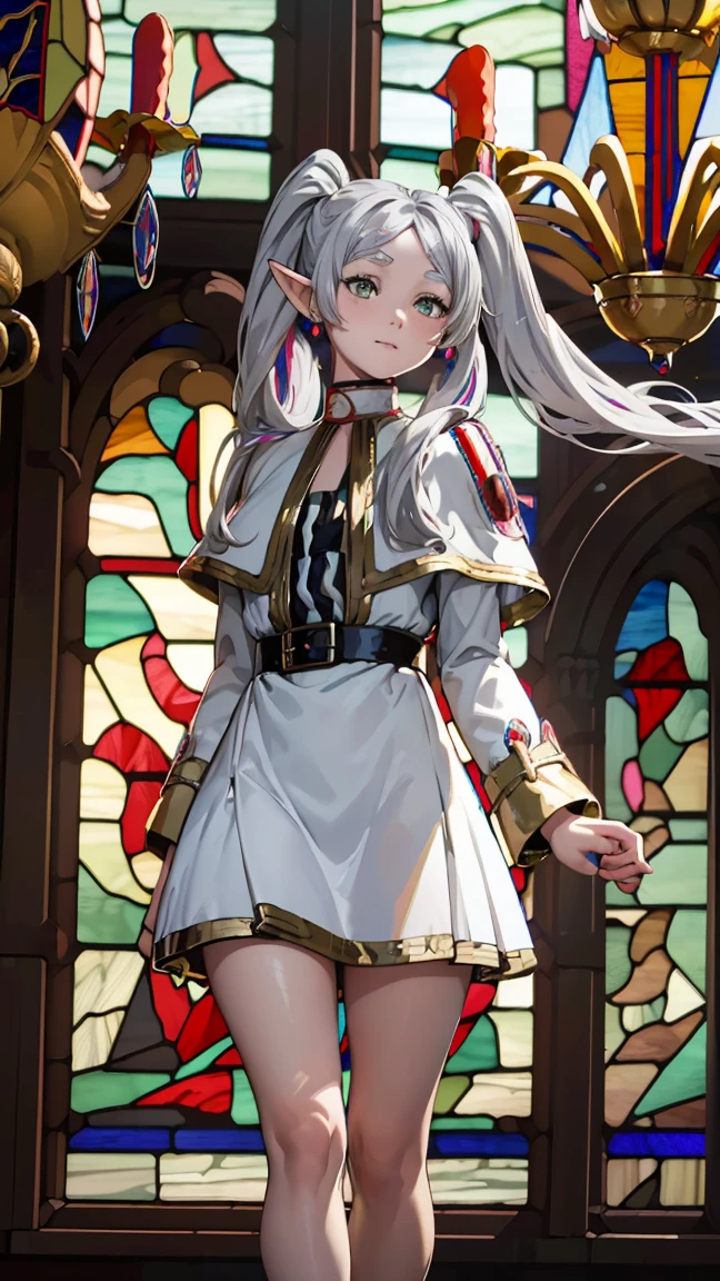 best quality, great quality, 16k, incredibly absurd, highly detailed, 2.5D, delicate and dynamic, (((Palace:1.5))), (((Stained Glass:1.5))), (((Chandelier:1.5))), complex light, , , , small face, very delicate facial expression, delicate eye depiction, very fine hair, close-up of upper body, erotic, only sexy Japanese woman, healthy figure, 2 women, Emperor, long silvery white hair, sexy long legs, glowing skin, soft skin, gorgeous gothic Emperor costume, complex costume, complex color costume, standing sideways, looking into camera Freiren, 1 girl, (((long hair:1.5))), long pointed ears like an elf, (((long silvery white twin tails:1.5))), jewelry, elf, earrings, capelet, white capelet, black and white striped long sleeve shirt, parted bangs, dress, belt, flower, (16k, 8K, RAW, best quality, masterpiece 1.2), ultra HD, high resolution, high quality, best quality, (((full body image 1.3))), best quality, ultra high resolution, ---perfect anatomy, perfect proportions, nice lighting, bright and vivid colors, clean lines, information, blurred, stunning facial expression, restless emotions, gorgeous and cute, beautiful face and eyes in every detail, (masterpiece) beautiful face, young and handsome girl, really perfect skin, blurred, stunning facial expression, restless emotions, gorgeous and cute, beautiful face and eyes in every detail, (Audrey Hepburn), (cute), (J-POP idol), (thighs, (depth of field), (depth of field), soft light, shining lens gaze, (droopy eyes), straight teeth, shy smile, flowing hair, a scene from Blake's movie,