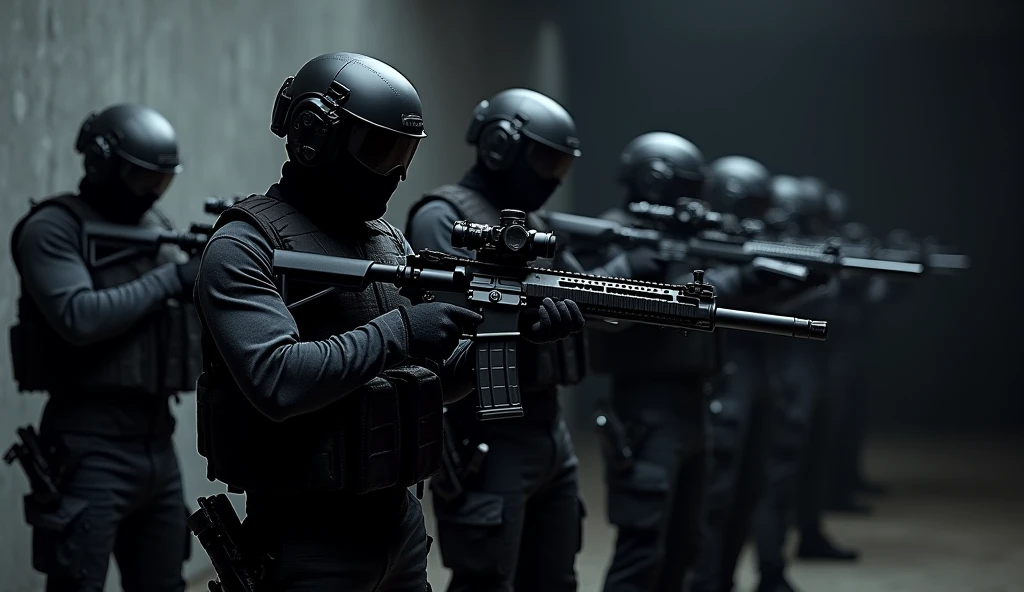 high quality photograph of a highly coordinated team of special forces operatives, each dressed in sleek black tactical gear. Their outfits are both functional and stylish, with lightweight tactical helmets and balaclavas that conceal their identities. The team members are equipped with modern, high-tech M4A1 LVOA-C carbines, each fitted with suppressors and red dot sights for precision. The dark tones of their gear blend seamlessly with the moody, shadow-filled background, creating a striking contrast that highlights their professionalism. The team stands ready, poised for action, exuding a sense of lethal efficiency and control in this intense, high-stakes moment.