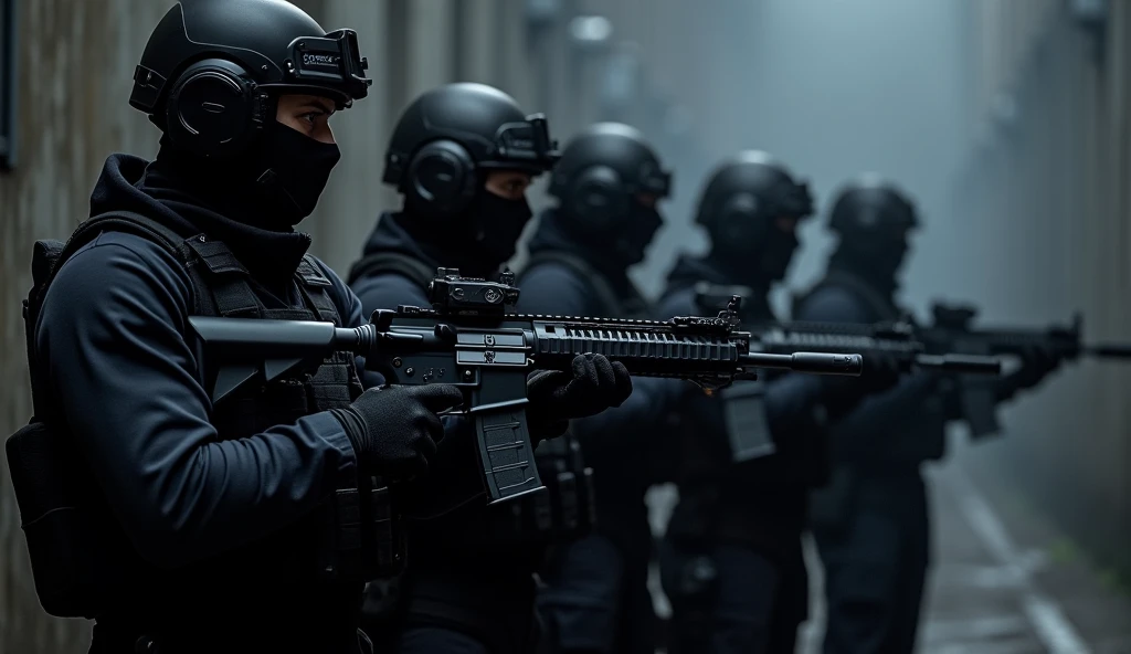 high quality photograph of a highly coordinated team of special forces operatives, each dressed in sleek black tactical gear. Their outfits are both functional and stylish, with lightweight tactical helmets and balaclavas that conceal their identities. The team members are equipped with modern, high-tech M4A1 LVOA-C carbines, each fitted with suppressors and red dot sights for precision. The dark tones of their gear blend seamlessly with the moody, shadow-filled background, creating a striking contrast that highlights their professionalism. The team stands ready, poised for action, exuding a sense of lethal efficiency and control in this intense, high-stakes moment.