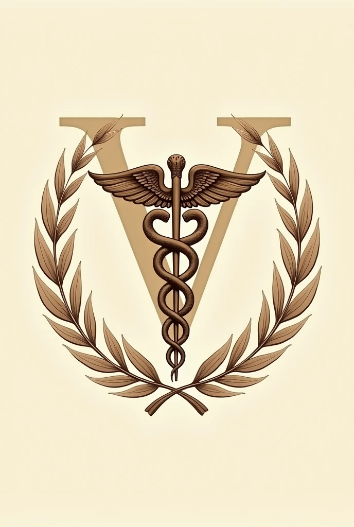 Asclepius: The snake coiled around a branch. In the coat of arms of veterinary medicine in beige color Laurel branches and leaves: These branches usually surround the main symbol.., in beige with the letter V behind make the image in beige