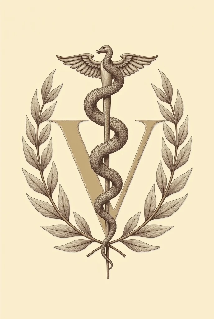 Asclepius: The snake coiled around a branch. In the coat of arms of veterinary medicine in beige color Laurel branches and leaves: These branches usually surround the main symbol.., in beige with the letter V behind make the image in beige