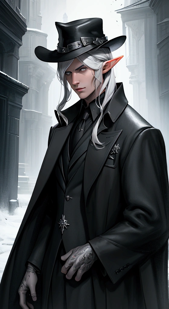 a handsome pale gray-skinned male half-elf with a beaulty black hair, dark eyes, wearing a black overcoat, black investigator clothes, black hat, highly detailed face, realistic, photorealistic, cinematic lighting, dramatic shadows, moody atmosphere, intricate character design, fantasy character, portrait, character concept art, digital painting, masterpiece, 8k, hyper detailed