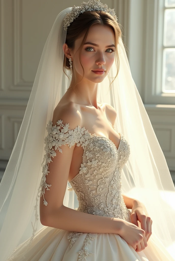 European woman model with hairstyle and veil wearing extremely luxurious romantic embroidered wedding dress.  