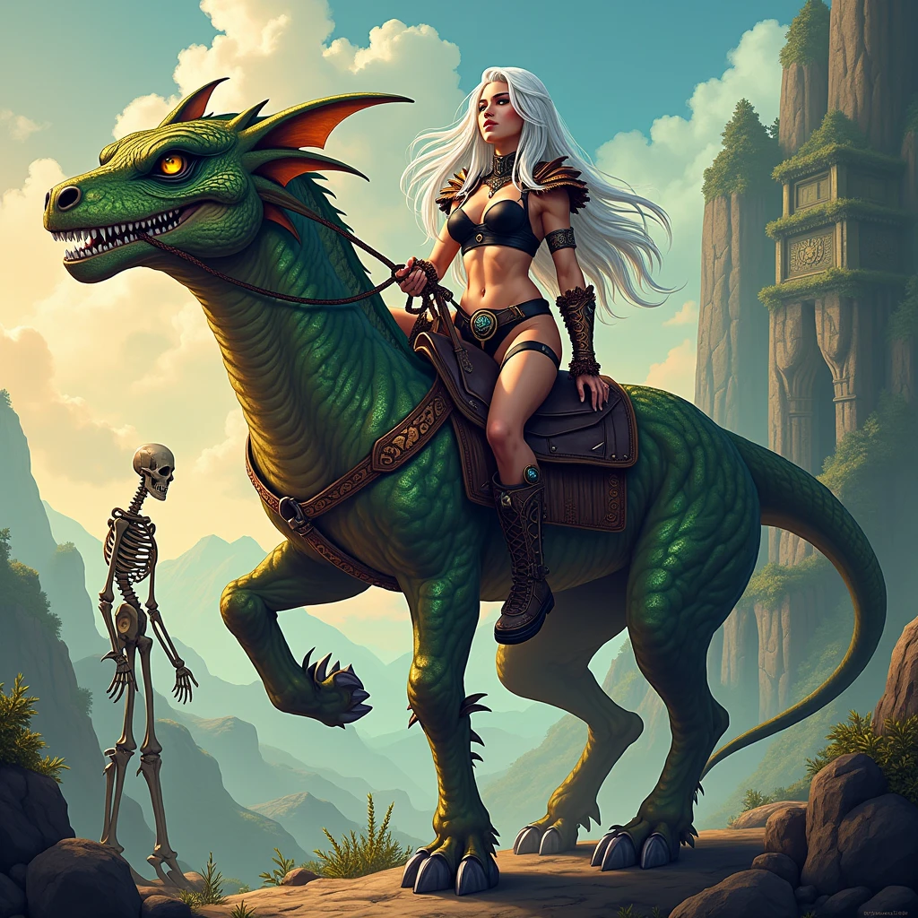 Zara, a powerful female warrior, rides atop an exotic beast in a fantasy setting. She has long straight white hair, green eyes, and a muscular body. She wears a black top with copper trim, a black pelvic curtain that leaves her hips and legs bare, black shoulder pads with copper trim, fur-trimmed boots, and copper bracers with gemstones embedded in her armor. Her (arms, legs and midriff are bare), (bare midriff:1.2), bare legs, and she sits confidently on the back of a massive, mythical creature— a lizard, with scales shimmering in iridescent hues and a pair of mighty wings folded at its sides. The creature has a long, sinuous tail, and sharp, intelligent eyes that reflect Zara’s own strength and determination. The landscape around them is mystical and exotic, with a multicolored sky and towering, otherworldly flora, a crumbling tower can be seen in the distance while in the foreground a skeleton is nailed to a wooden post. Zara and the beast are ready for whatever challenges lie ahead, creating a scene of dynamic movement and powerful energy. She holds the reins in one hand as she looks off to the side. Use a dramatic comic book style, richly detailed
