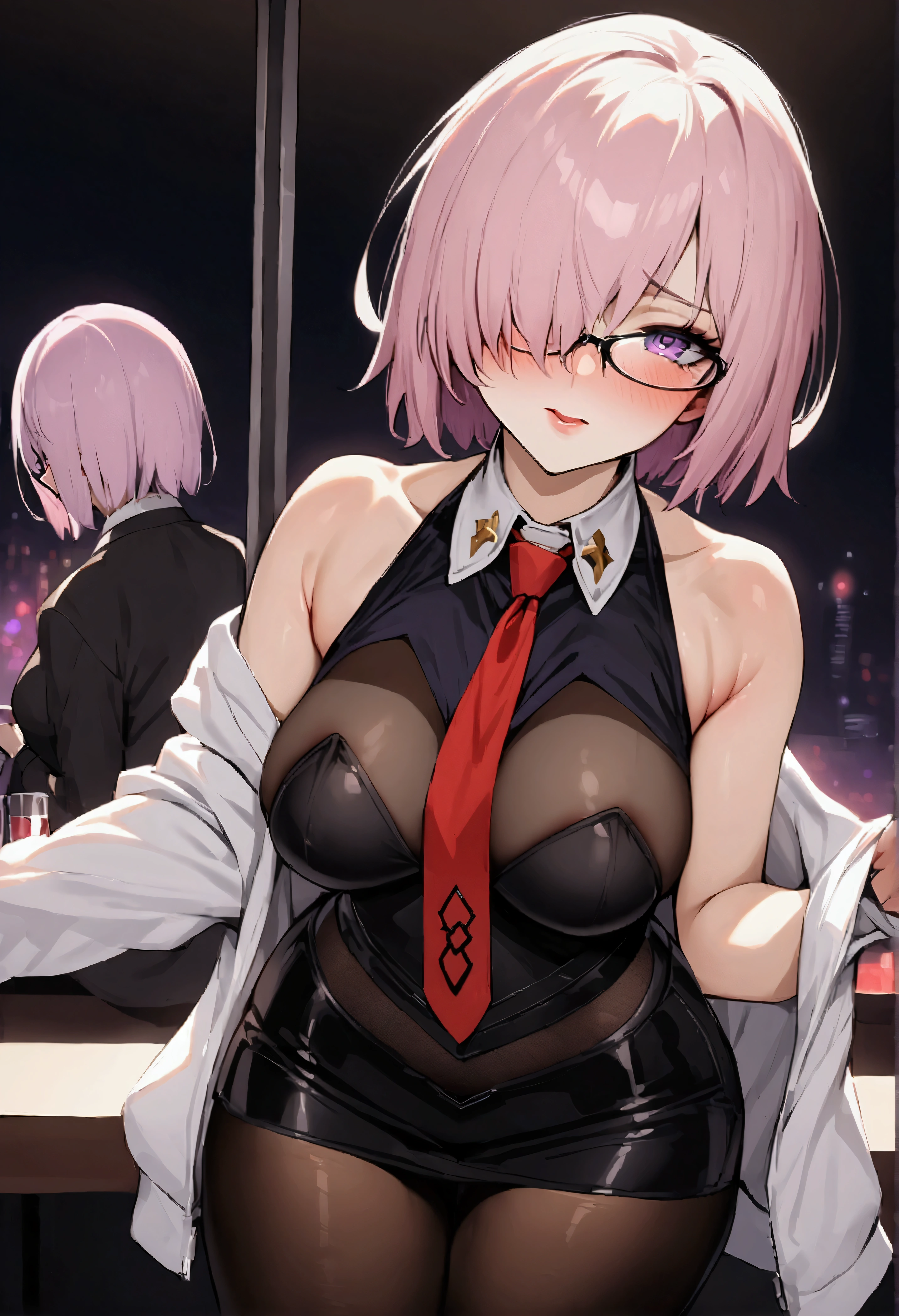 NSFW,masterpiece,Highest quality,High resolution,Very detailed,Mash Kyrielight\(Fate/grandorder\),short hair,Purple Eyes,Pink Hair,(Hair over one eye:1.2),Glasses,Collared shirt,(White collar:1.1),Black Shirt,tie,赤いtie,No sleeve,Off the shoulder,mini skirt,Black Skirt,(Black Pantyhose:1.2),Nightlife,cyber punk,Lustful face