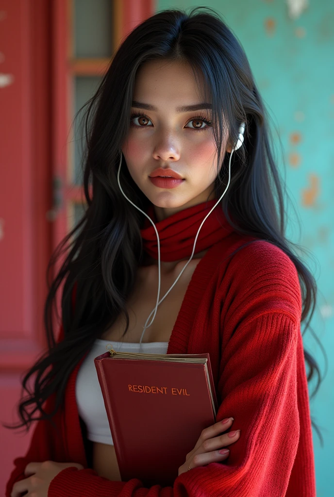 (best quality,4k,8k,highres,masterpiece:1.2),ultra-detailed,(realistic,photorealistic,photo-realistic:1.37),(1girl),(18years old),(Excella_re5:1.5),(irene1:0.5),((full body portrait:1.2)),(sharp focus:1.5),pearl skin,(skin pores:1.1), extremely detailed face and skin texture, (skin texture:1.1),black hair,tall and slender body,(192cm tall),thin and delicate figure,graceful posture,strong and defined muscles,flawless skin,defined abs,perfect curves,feminine appearance,beautiful long legs,embodying elegance and beauty,beautiful detailed brown eyes,beautiful detailed lips,extremely detailed eyes and face,longeyelashes,big breasts,((wearing a (red) Cardigan and a pashmina hijab)),vibrant color,simple background,professional photography,extremely detailed and realistic clothes,book,earphones on,bokeh lights,highres,portrait,quirky style,