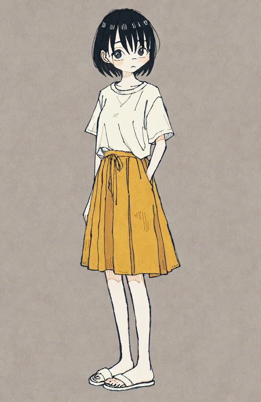 by tsvbvra, 1girl,  skirt, barefootoes, solo, shirt, standing, short hair