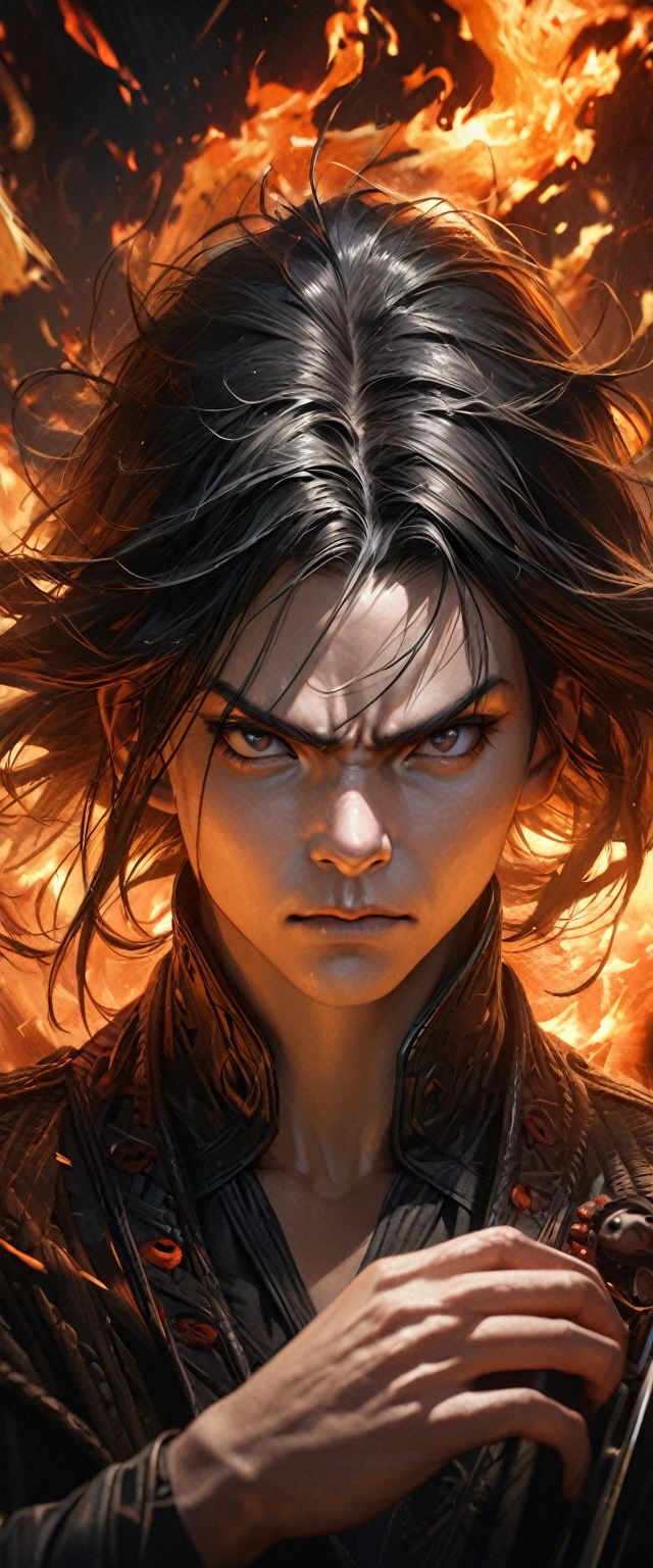 Masterpiece, highest quality, ultra realistic, intricate details, 8k, 4k, professional illustration of kyo kusanagi,, (perfect hands), serious look|expression, fire vortex