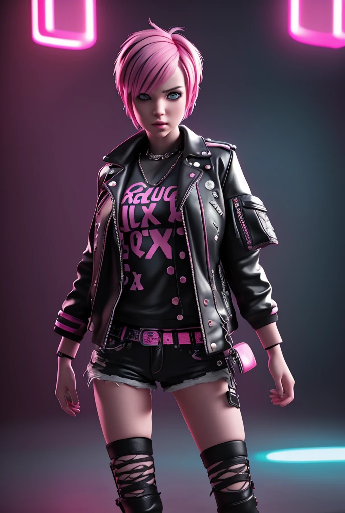 a punk girl, sticking tongue out, rebellious attitude, short pink hairstyle, jacket, combat boots, moody lighting, dramatic shadows, neon background, riding a unicorn, cinematic composition, hyperrealistic, (best quality,4k,8k,highres,masterpiece:1.2),ultra-detailed,(realistic,photorealistic,photo-realistic:1.37),HDR,vivid colors