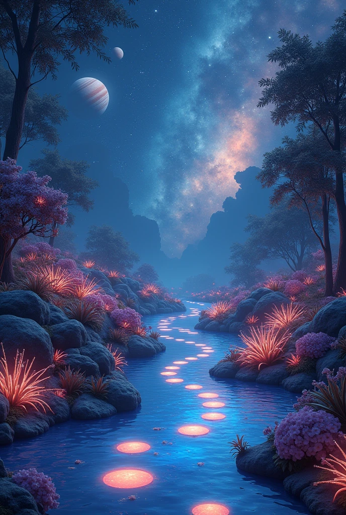 Amidst the infinite vastness of space, a lush, serene garden floats, suspended in mid-air. The celestial backdrop features swirling galaxies, twinkling stars, and terrestrial planets, set against a deep indigo sky. Exotic, glowing flora fills the garden, radiating soft, ethereal hues that harmonize with the cosmic scenery. A meandering path of luminescent stones guides the eye through the verdant landscape to a tranquil pond, its glassy surface perfectly reflecting the celestial panorama above.