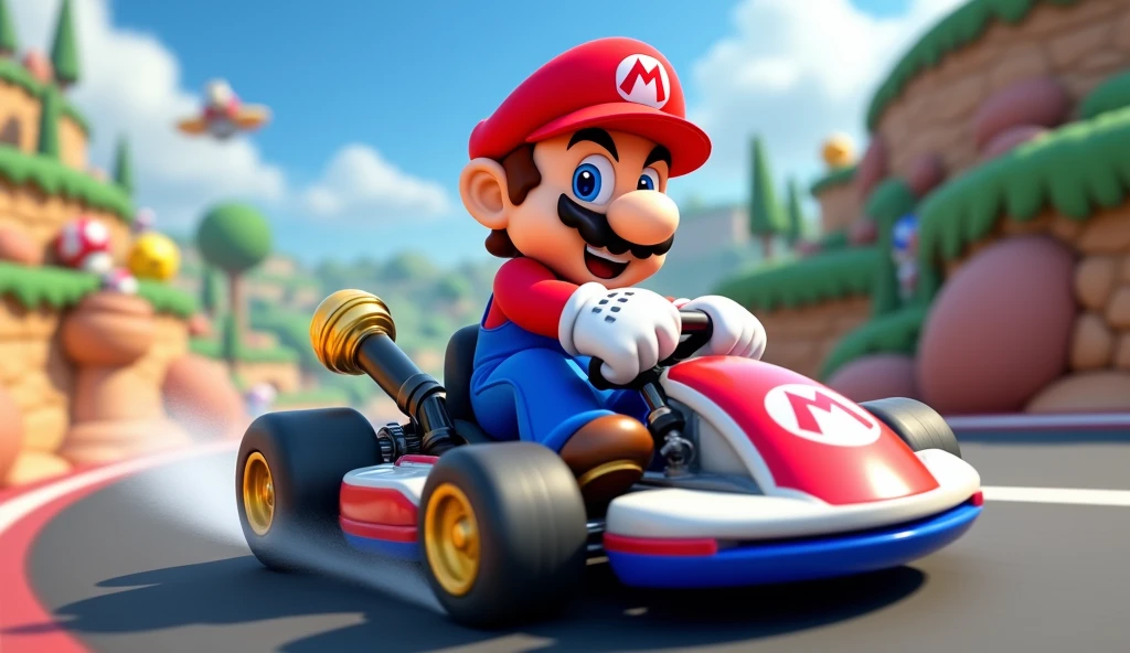 Mario in the foreground on a go-kart.