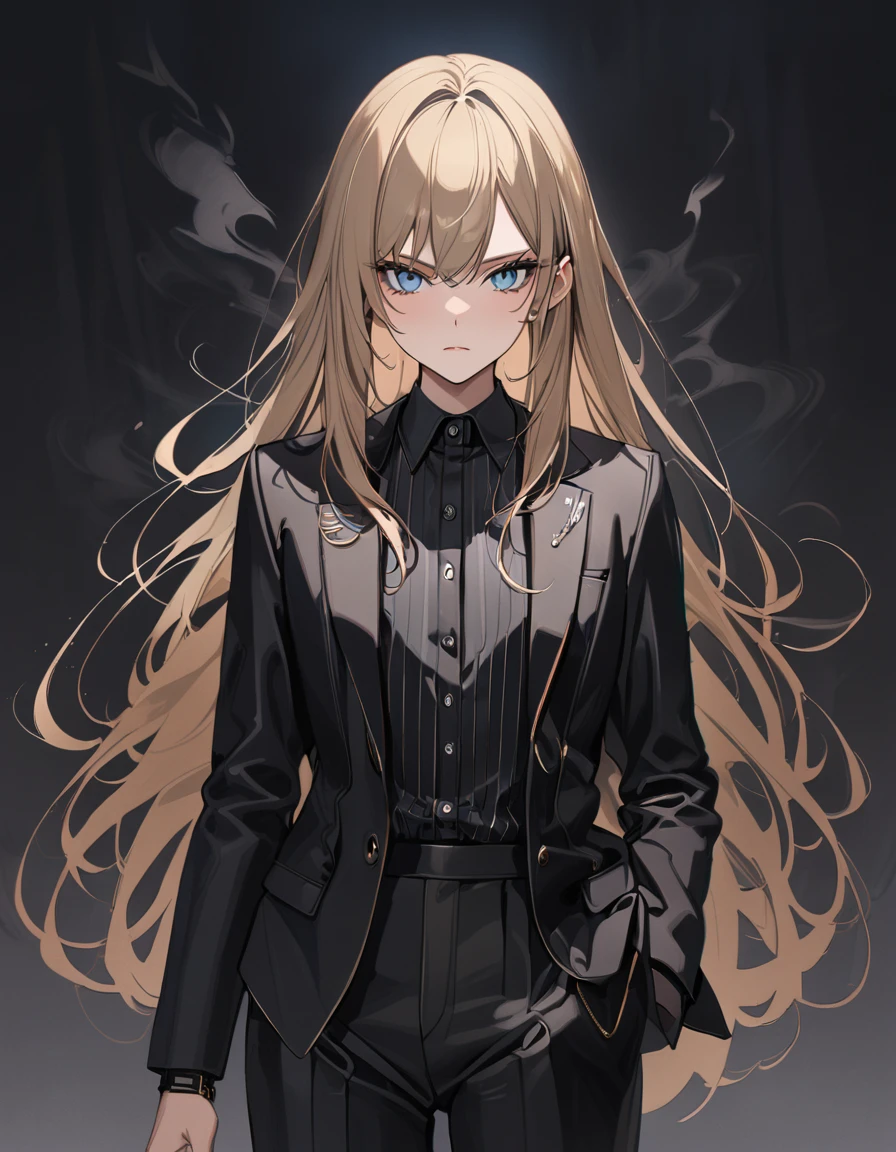 (masterpiece)、(absurdres)、(ultra detailed)、(8k),((solo lady),(dark blonde hair:1.2),(straight long hair:1.1),BREAK,shiny blue eyes,BREAK,black suit,black pants,BREAK,(athletic),(flat chest),(Pierce:0.9),(bracelet:0.8),cigarette smoke:1.2,serious,cowboy shot,simple darkness background,