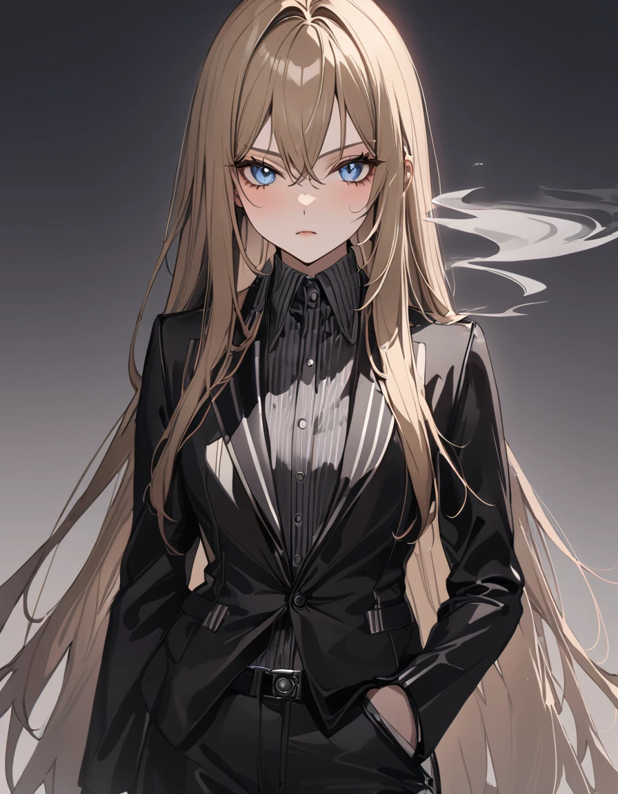 (masterpiece)、(absurdres)、(ultra detailed)、(8k),((solo lady),(dark blonde hair:1.2),(straight long hair:1.1),BREAK,shiny blue eyes,BREAK,black suit,black pants,BREAK,(athletic),(flat chest),(Pierce:0.9),(bracelet:0.8),cigarette smoke:1.2,serious,cowboy shot,simple darkness background,