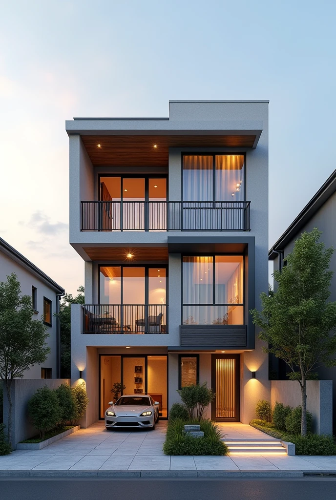 duplex moderne avec un seul etage construit sur 10m de large . avec un balcon et une façade avec des disingne realiste. avec de belle couleur . dans la journée