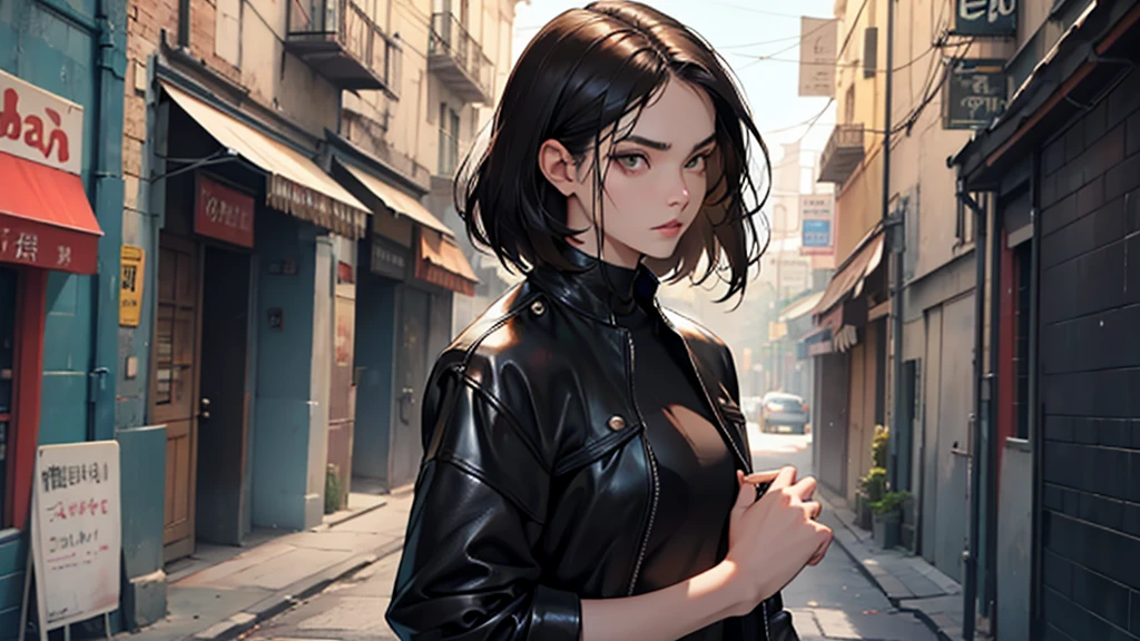 black hair woman, far away, it is sore. pale skin, honey brown eyes, wearing black leather clothes.