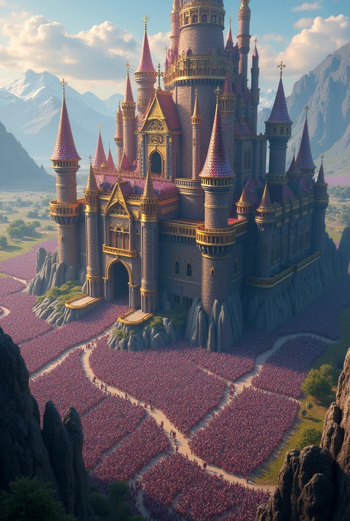 Generate an invincible, rich, indestructible, unmatched, huge medieval-themed jewel kingdom, The view of the image is seen from above. You can see a large army outside the city organized into several battalions with thousands of men. The castle has several gems: diamond, ruby, sapphire, emerald, topaz, amethyst, all types of jewelry imaginable.