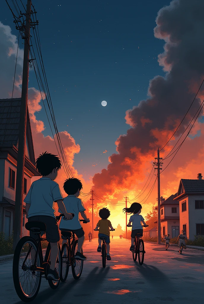 3 boys and 2 girls are on bikes, they are on the side, we can&#39;t see them from the front ,and in the background there is war with houses on fire ,to smoke it , bombing and soldiers running villagers are crying and running ,  il fais nuit noir !  style anime un peu réaliste 