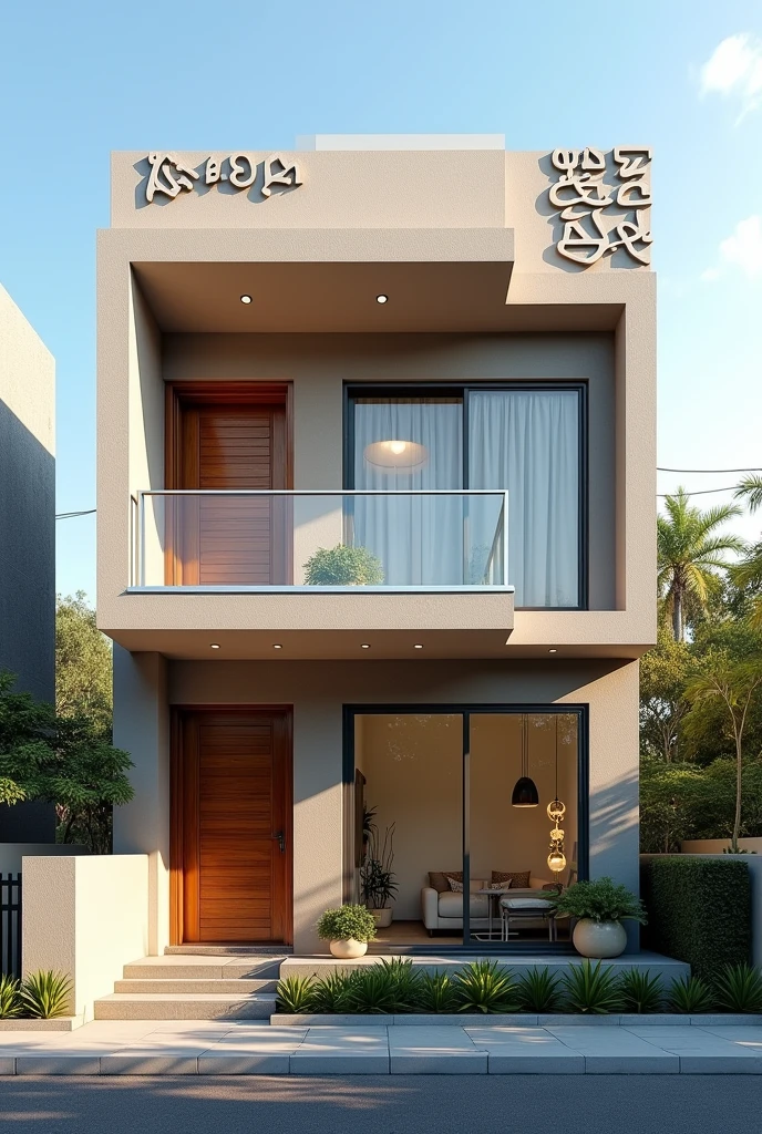 duplex moderne avec un seul etage construit sur 10m de large . avec un balcon et une façade avec des disingne realiste. avec de belle couleur . dans la journée