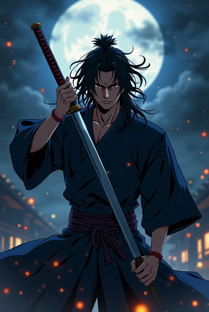 Man with black hair, and a katana at night in anime style, in the middle of the picture the word Yunosteri