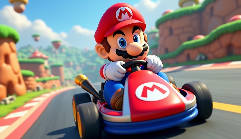 Mario in the foreground on a go-kart.