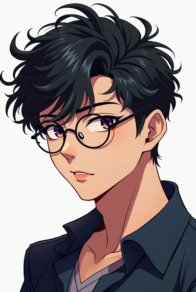 Anime handsome guy with circle glass and curlyand messy hair