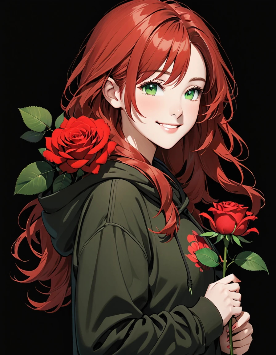 Girl in brown hoodie holding red rose with beautiful eyes and face, single girl, alone, black hoodie, flower, holding flower, red hair, rose, one eye closed, looking at viewer, black background, holding, long hair, hoodie, simple background, upper body, long sleeve, smile, green eyes, red flower