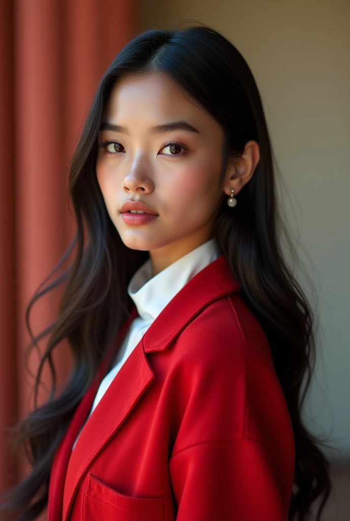 (best quality,4k,8k,highres,masterpiece:1.2),ultra-detailed,(realistic,photorealistic,photo-realistic:1.37),(1girl),(18years old),(Excella_re5:1.5),(irene1:0.5),((full body portrait:1.2)),(sharp focus:1.5),pearl skin,(skin pores:1.1), extremely detailed face and skin texture, (skin texture:1.1),black hair,tall and slender body,(192cm tall),thin and delicate figure,graceful posture,strong and defined muscles,flawless skin,defined abs,perfect curves,feminine appearance,beautiful long legs,embodying elegance and beauty,beautiful detailed brown eyes,beautiful detailed lips,extremely detailed eyes and face,longeyelashes,big breasts,((wearing a (red) Cardigan and a pashmina hijab)),vibrant color,simple background,professional photography,extremely detailed and realistic naked, bokeh lights,highres,portrait,quirky style,