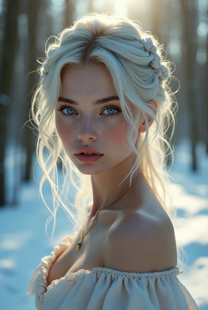 Portrait, high quality, nude, Ukrainian fairy winter snow in the forest through the trees About , blue eyes, smooth skin, ((Best quality, 8k, Masterpiece :1.3)), 1girl, Pretty girl , Casual outfit :1.2, in the forest, Ultra-detailed face, Detailed eyes, Double eyelid