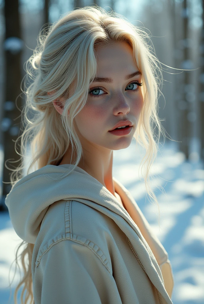 Portrait, high quality, nude, Ukrainian  fairy winter snow in the forest through the trees About , blue eyes, smooth skin, ((Best quality, 8k, Masterpiece :1.3)), 1girl, Pretty girl , Casual outfit :1.2, in the forest, Ultra-detailed face, Detailed eyes, Double eyelid