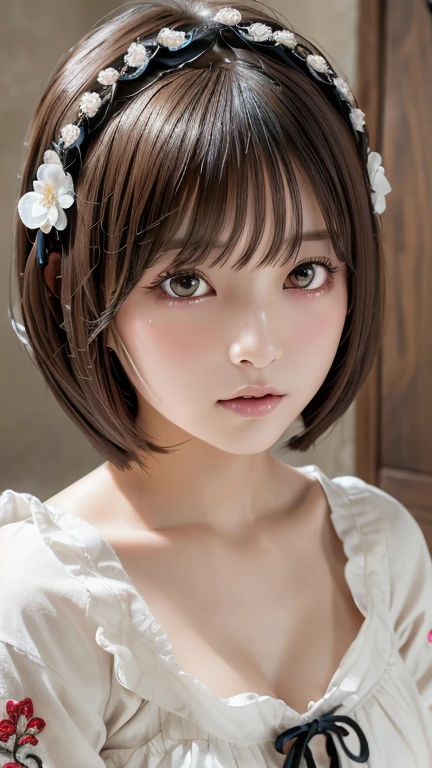 Highest quality, Face Focus, Soft Light, Ultra-high resolution, (Realistic:1.4), RAW Photos,
One of the Japan, alone, cute, (pupil, light in your eyes),  Beautiful face in every detail, (Gothic Maid Outfit、Headdress、embroidery),(High resolution detail of human skin texture),
(Bobcut)、Loose and fluffy hair、
indoor,
(Portraiture)