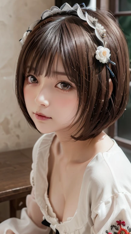Highest quality, Face Focus, Soft Light, Ultra-high resolution, (Realistic:1.4), RAW Photos,
One of the Japan, alone, cute, (pupil, light in your eyes), Beautiful face in every detail, (Gothic Maid Outfit、Headdress、embroidery),(High resolution detail of human skin texture),
(Bobcut)、Loose and fluffy hair、
indoor,
(Portraiture)
