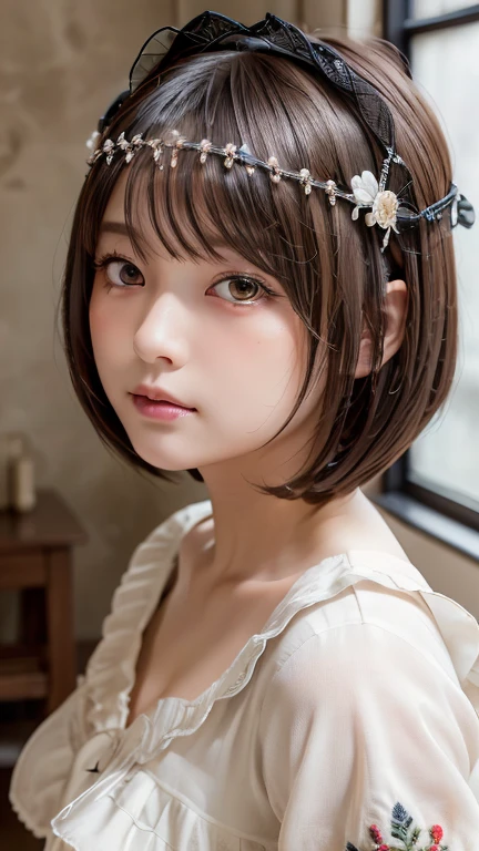 Highest quality, Face Focus, Soft Light, Ultra-high resolution, (Realistic:1.4), RAW Photos,
One of the Japan, alone, cute, (pupil, light in your eyes), Beautiful face in every detail, (Gothic Maid Outfit、Headdress、embroidery),(High resolution detail of human skin texture),
(Bobcut)、Loose and fluffy hair、
indoor,
(Portraiture)