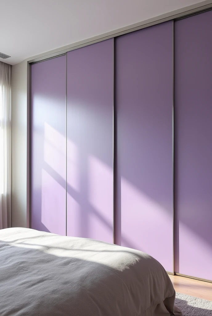 The closet to the left of the bed, right in the background, covers the entire wall, being enclosed from ceiling to floor with clear glass in lavender tones, maximizing storage space, as well as adding a touch of soft, sophisticated color, maintaining the continuity of the neutral and elegant design.
The closet's sliding door is made of lavender-toned glass., offering practicality and elegance to the environment.