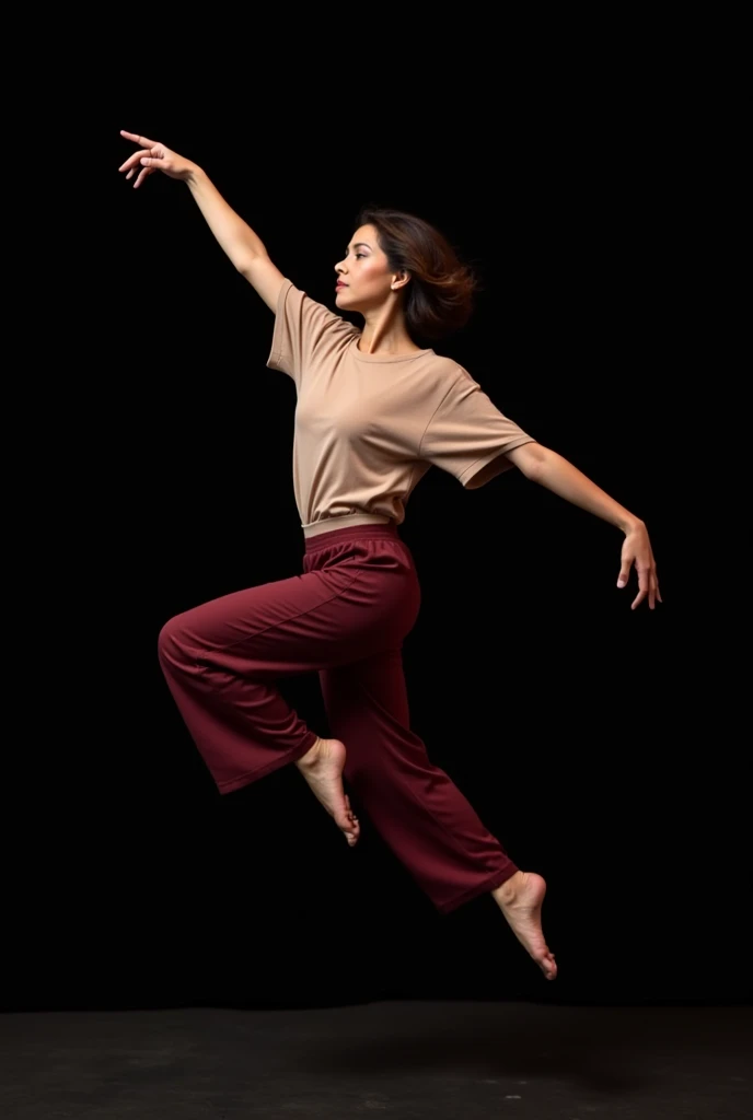 contemporary dance dancer, jazz and ballet, thesis morena clara, short shoulder length wavy hair, stomach 1.72 and wears a contemporary dance outfit, a wine-colored loose-fitting pant, Loose, long beige t-shirt, She is barefoot, She is doing a contemporary dance pose in a jump, The image has a black background and his face looks very expressive