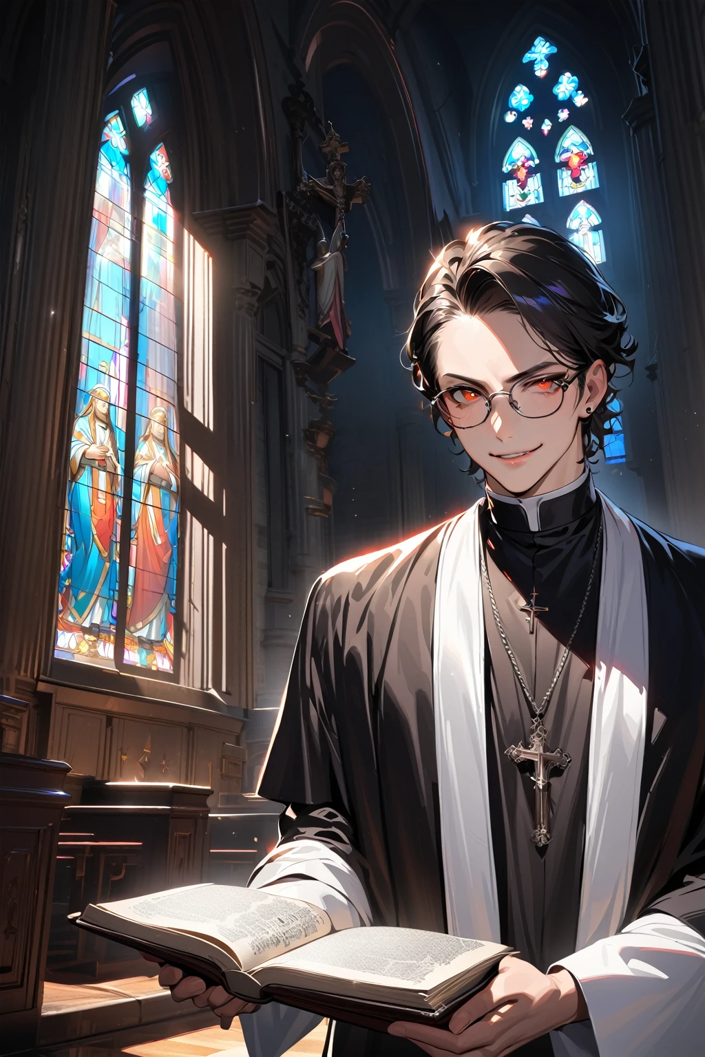 A young man, with piercing eyes looking into the camera, a perfectly sculpted body, (a priest, dressed in black, wearing glasses, holding a Bible, wearing a cross necklace, an evil smile), in a church, with dramatic shadows, rendered using ray tracing, a portrait, (a masterpiece, high resolution, ultra-detailed:1.0).
