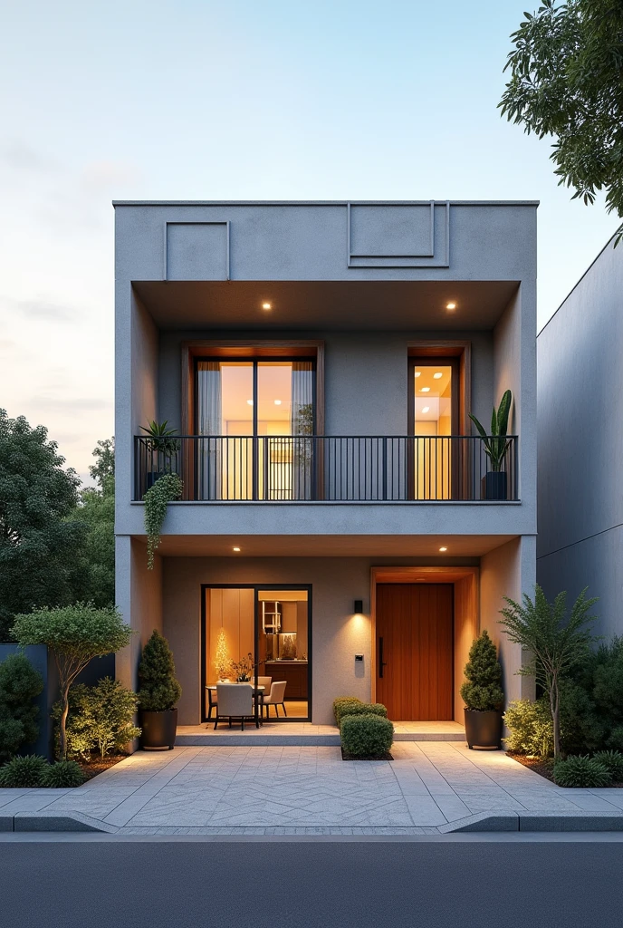 duplex moderne avec un seul etage construit sur 10m de large . avec un balcon et une façade avec des disingne realiste. avec de belle couleur . dans la journée