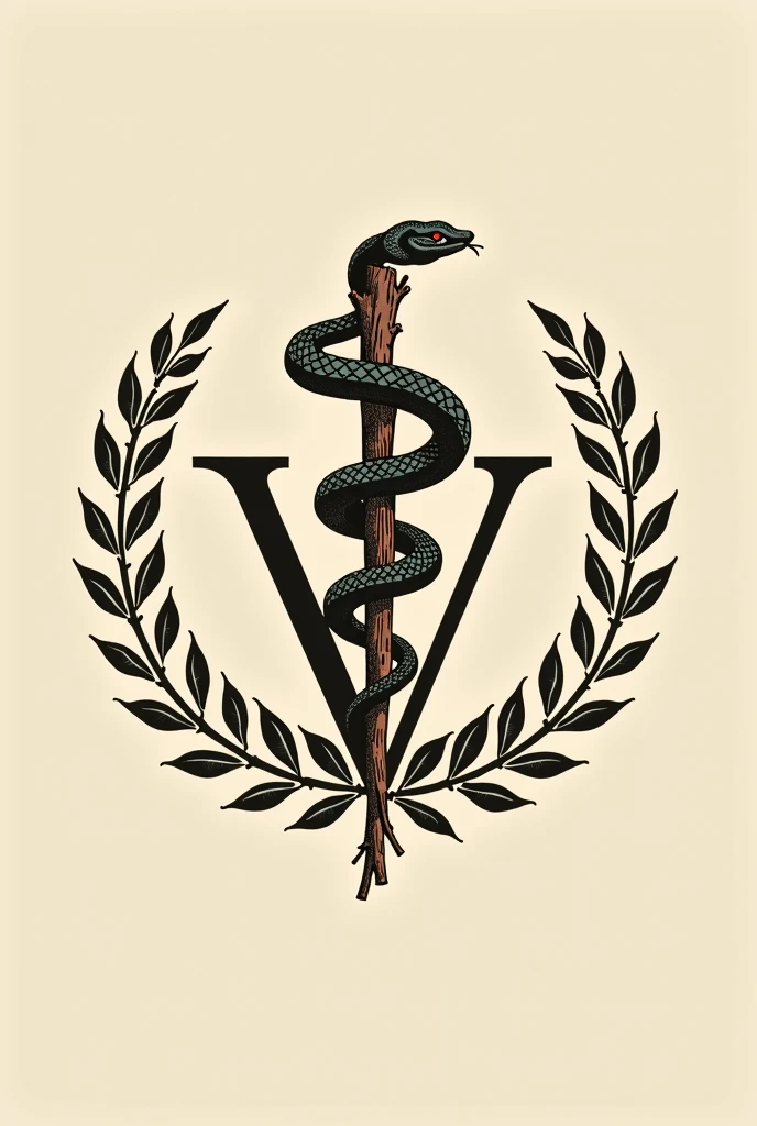 Asclepius: The snake wrapped around a branch. In the coat of arms of veterinary medicine in beige color Branches and laurel leaves: These branches usually surround the main symbol., in beige color With the letter V behind it